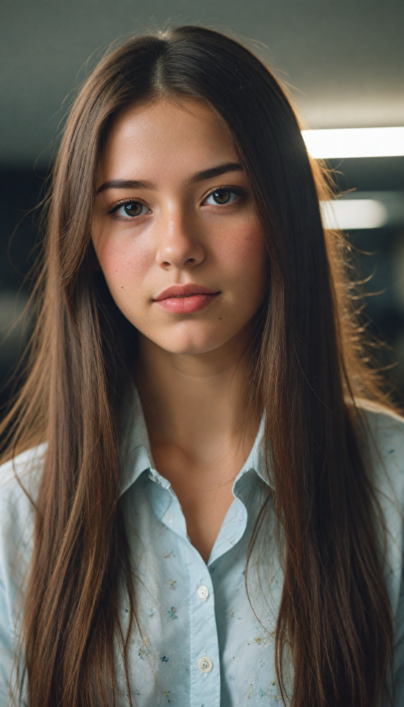 visualize a picture: a detailed girl, with soft straight very long jet brown hair