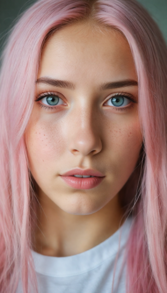 a stunning young detailed girl, beautiful eyes, full lips, soft long light pink hair, perfect portrait, white t-shirt