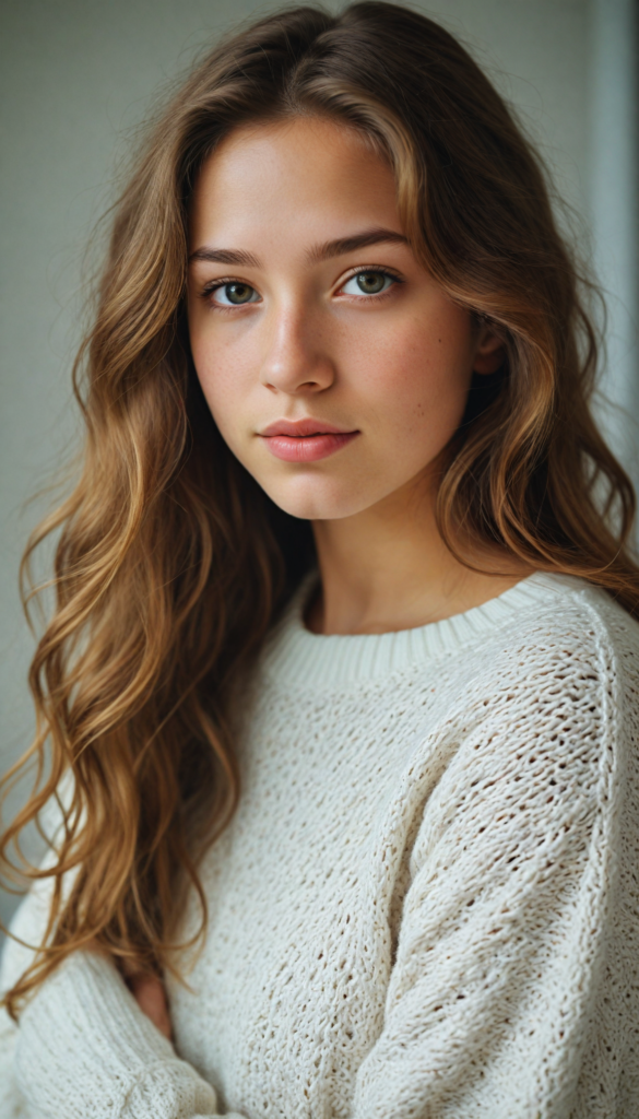 a stunning young girl, soft long wavy light brown hair, she wears a white wool sweater that support her perfect curved body, perfect portrait