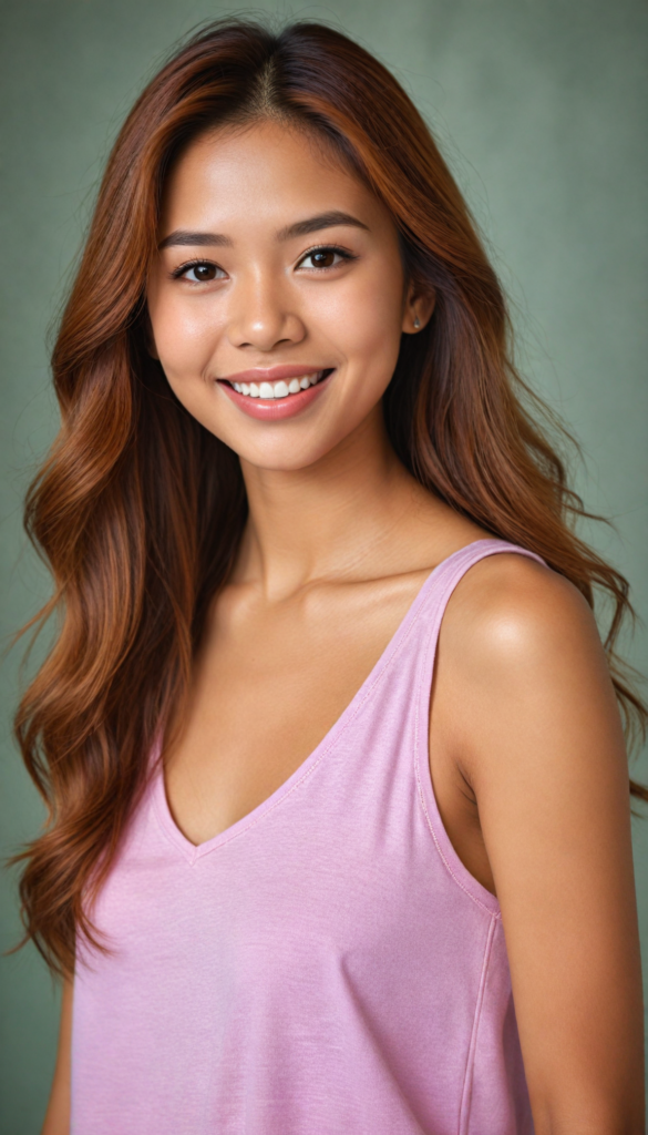 a (very beautiful Pinay teenage girl), with long, flowing, voluminous (detailed soft red amber hair), styled in a sleek, shiny, straight haircut with sharp, defined (full lips), emitting an ethereal glow that complements her otherwise natural features, dressed in a (pink short thin plain and cropped tank top made of fine wool, deep v-neck), perfect curved fit body, she radiates pure joy, smile, perfect white teeth, round realistic face, round shiny amber eyes, full kissable lips, Philippines