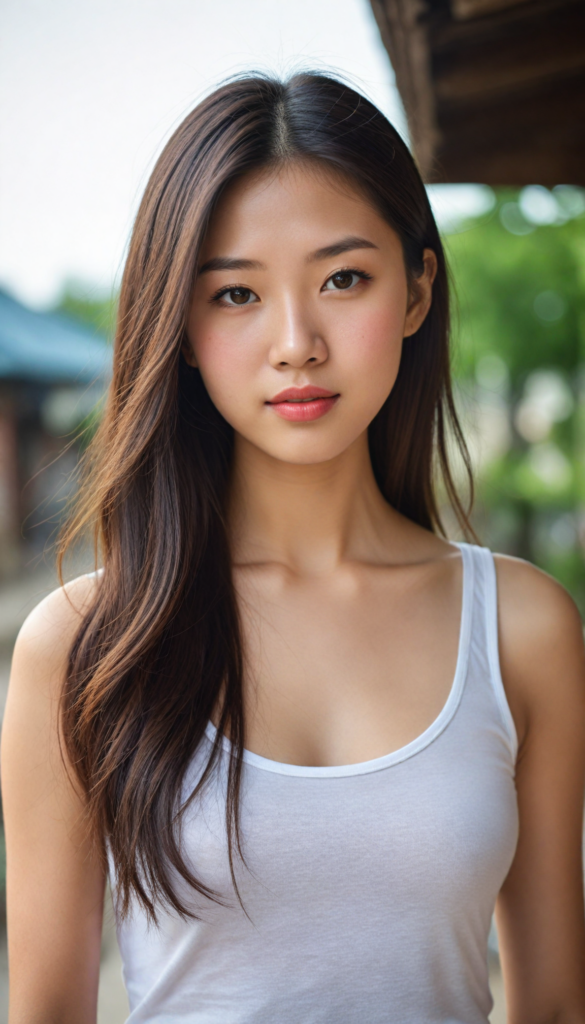 a (beautifully realistic cute Chinese teen girl), with long, flowing, voluminous, light brown soft hair, flawless (porcelain skin), a small flawless nose, and rosy red lips, dressed in a (plain very short tight revealing translucent tank top), posing confidently, Mongolian