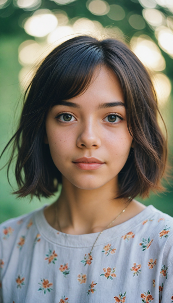 a whimsically illustrated adorable teenage girl with a playfully exaggeratedly curved silhouette, radiating youthful charm, sporting a stylish bob cut with playful tousled strands; her expressive eyes sparkle with mischief, captured in a dreamy, soft-focus style reminiscent of watercolor art, harmonizing with a magical, fairytale-like atmosphere.