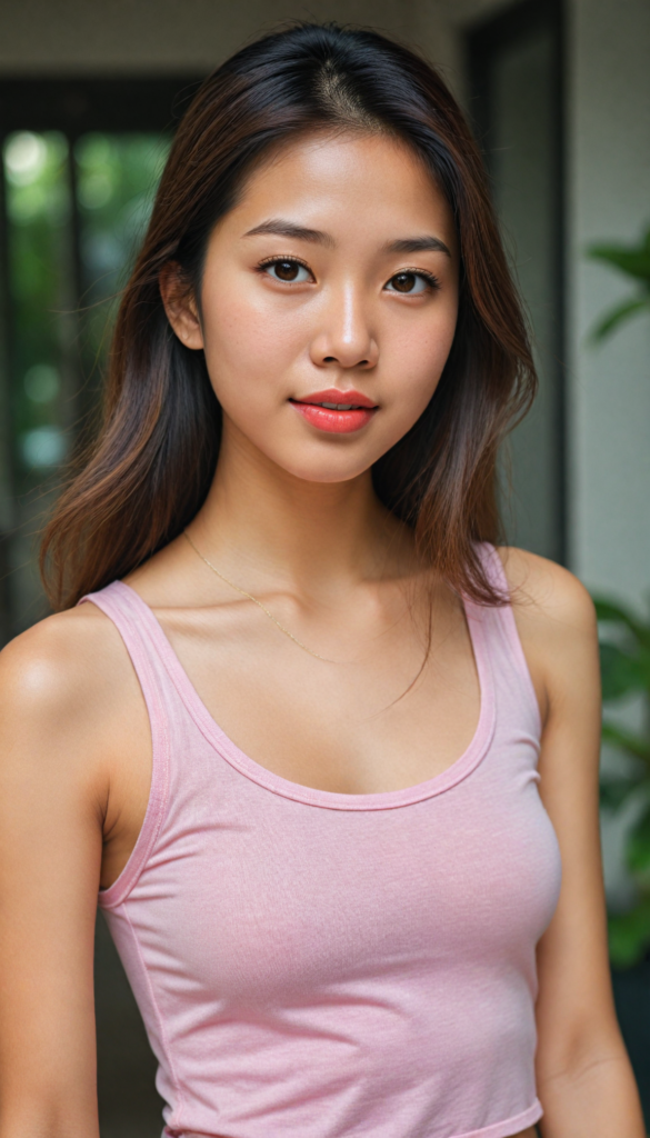 a (beautifully realistic cute Chinese teen girl), with long, flowing, voluminous, light brown soft hair, flawless (porcelain skin), a small flawless nose, and rosy red lips, dressed in a (plain very short tight revealing translucent tank top), posing confidently, Philippines