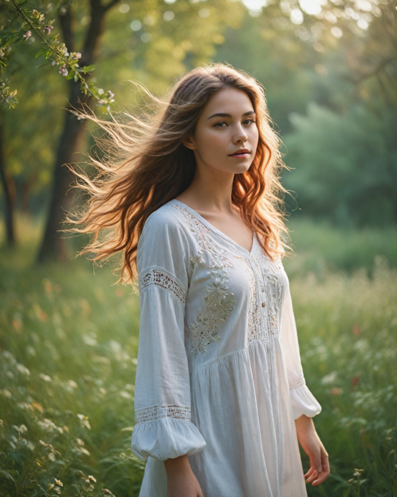 a whimsical scene showcasing an ethereal girl with flowing iridescent hair that seems to dance in the breeze, dressed in a billowing oversized white t-shirt adorned with delicate floral patterns. The setting features a vibrant sunlit meadow filled with wildflowers in various hues, and a backdrop of softly swaying trees. Her enchanting eyes sparkle with creativity and curiosity, while her detailed facial features radiate warmth and joy, all captured in a dreamy impressionist style reminiscent of Claude Monet's lush palettes and soft brushstrokes.