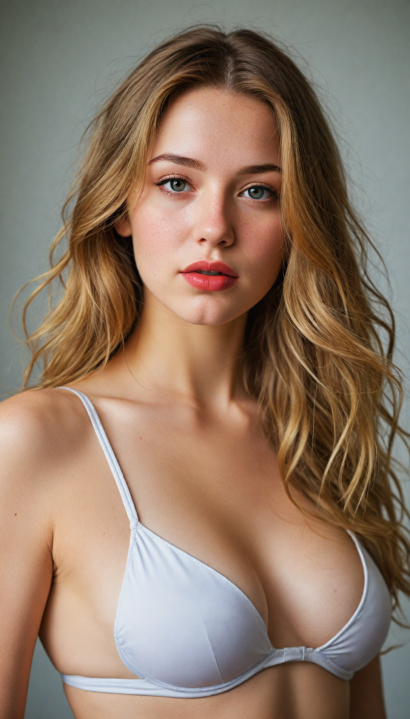 a (beautifully realistic cute busty teen girl), with long, flowing, gold jet hair, flawless (porcelain skin), a small flawless nose, and rosy red lips, dressed in a (plain very short tight revealing translucent bikini), posing confidently