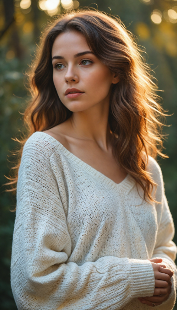 a captivating young woman with cascading, soft waves of light brown hair that shimmer in the sunlight, enveloped in a cozy, oversized white wool sweater that highlights her graceful curves in an ethereal way. The background features a dreamy autumnal landscape, softly blurred to accentuate her enchanting beauty, bathed in golden hues of sunset. Her gaze is both alluring and contemplative, reminiscent of a classic portrait by John William Waterhouse, blending realism with a touch of romanticism.