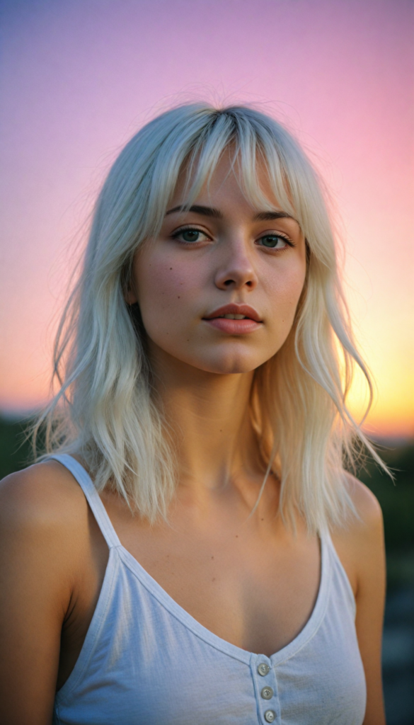 a (cinematic scene) featuring a (very cute well busty teen girl), with details like a side-perspective hairstyle featuring bangs, straight, (detailed long white hair), an angelically perfect facial structure, and a super short, tight, (plain fine tank top, deep v-neck), all against a backdrop of a (softly glowing, side-perspective) sunset