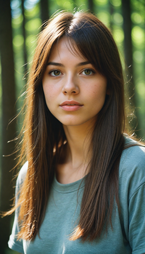 high detailed and realistic upper body portrait from a breathtakingly beautiful natural (18-year-old girl) with warm amber eyes and luxuriously thick (light brown detailed long smooth straight hair, bangs), full lips, (wears a light brown form-fitting plain t-shirt that support her perfect body, stands in an autumnal forest)