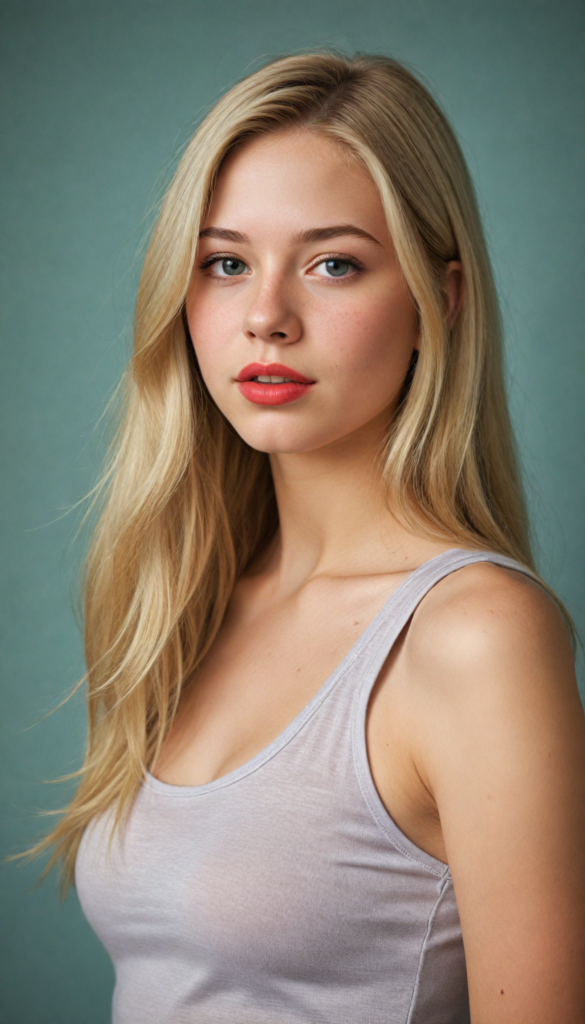 a (beautifully realistic cute teen girl), with long, flowing, voluminous, blonde hair featuring (straight hair), flawless (porcelain skin), a small flawless nose, and rosy red lips, dressed in a (plain very short tight revealing translucent tank top), posing confidently