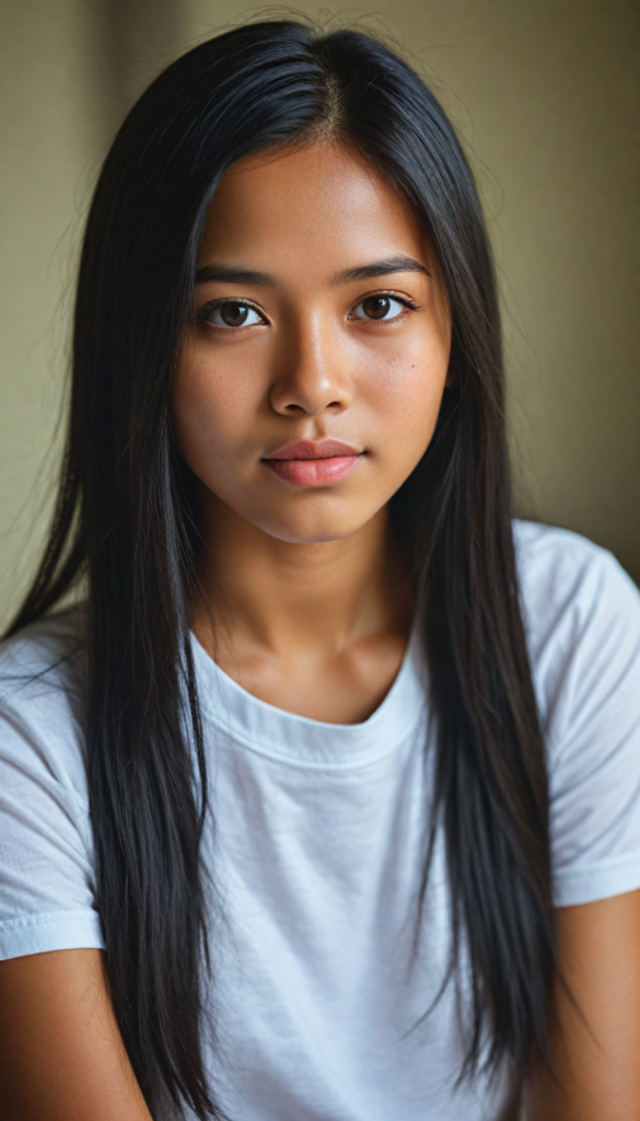 a stunning young detailed Indonesian girl, beautiful eyes, full lips, soft long obsidian straight hair, perfect portrait, white t-shirt