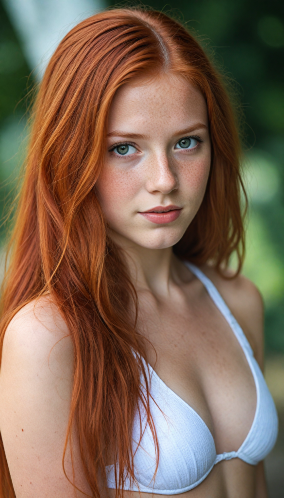 a upper-body portrait from a cute young girl with long, straight red hair, super detailed face, detailed eyes, full lips, white bikini