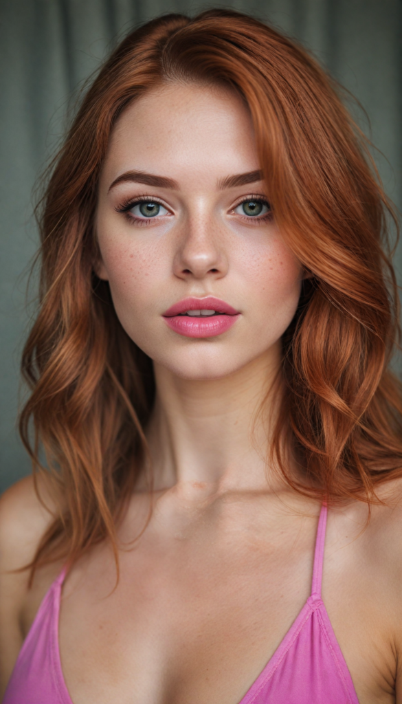 a (very beautiful teenage girl), with long, flowing, voluminous (detailed soft red amber hair), styled in a sleek, shiny, straight haircut with sharp, defined (full red lips), emitting an ethereal glow that complements her otherwise natural features, dressed in a (pink bikini, deep v-neck), perfect curved fit body, round realistic face, round shiny amber eyes, full kissable lips