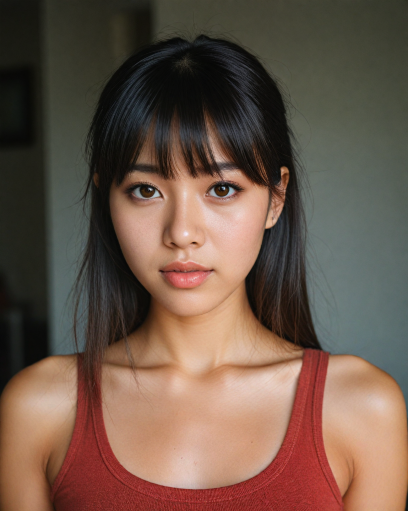 a detailed and realistic upper-body photo from a young Asian girl, with long straight very soft dark hair, bangs cut, round face, beautiful light amber eyes, full lips looks at the viewer, she wears a short cropped tank top