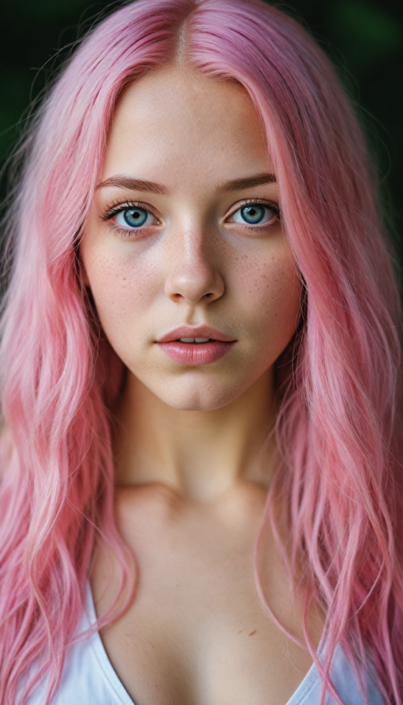 a upper-body portrait from a cute young girl with long, straight pink hair, super detailed face, detailed eyes, full lips, white bikini