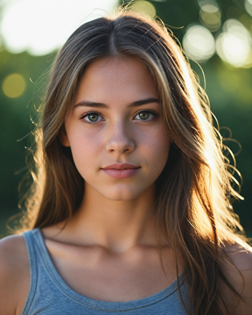 a detailed and realistic upper-body photo from a young girl, with long straight very soft hair, round face, beautiful eyes, full lips looks at the viewer, she wears a short cropped tank top