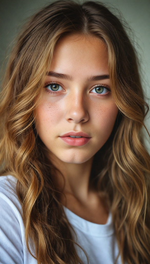 a stunning young detailed girl, beautiful eyes, full lips, soft long light brown wavy hair, perfect portrait, white t-shirt