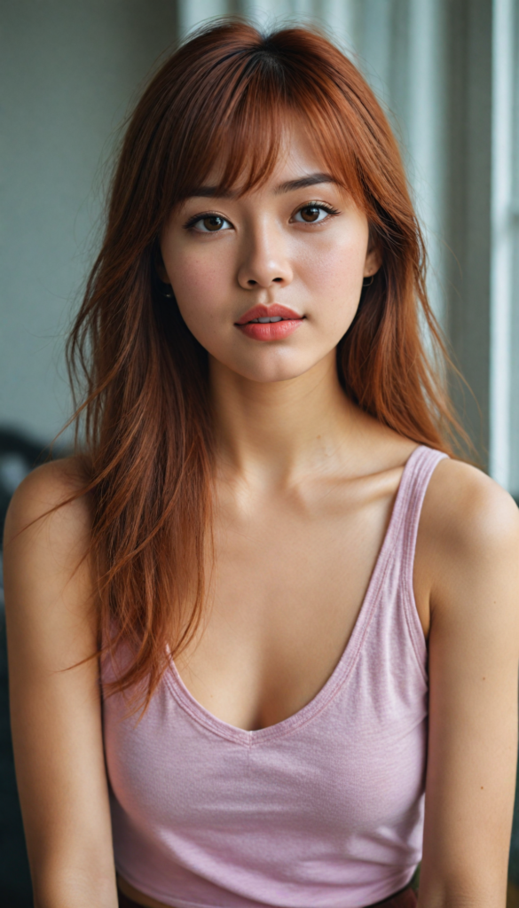 a (very beautiful Asian teenage girl), with long, flowing, voluminous (detailed soft red amber hair), styled in a sleek, shiny, straight bangs haircut with sharp, defined (full red lips), emitting an ethereal glow that complements her otherwise natural features, dressed in a (pink short thin plain and cropped tank top made of fine wool, deep v-neck), perfect curved fit body, round realistic face, round shiny amber eyes