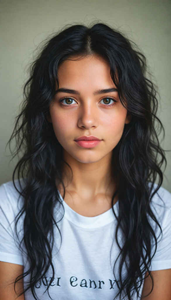 a stunning young detailed girl, beautiful eyes, full lips, soft long obsidian black wavy hair, perfect portrait, white t-shirt