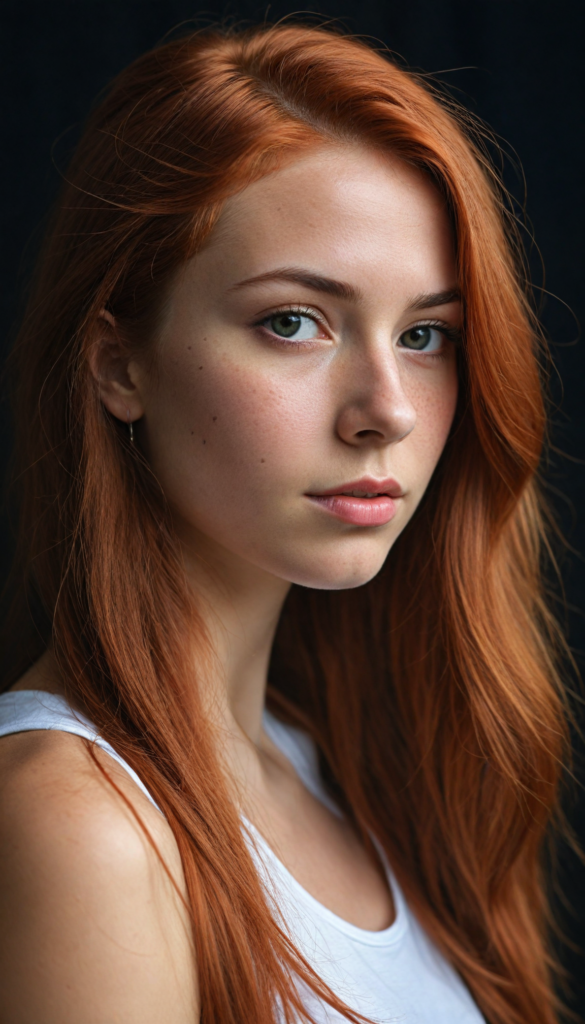 realistic and detailed portrait of a young, pretty girl with long straight jet red soft hair, black background, weak light illuminates the girl a little, side view, wears a thin cropped white tank top made of fine wool, perfect body