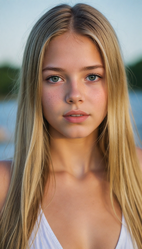 a upper-body portrait from a cute young girl with long, straight gold hair, super detailed face, detailed eyes, full lips, white bikini