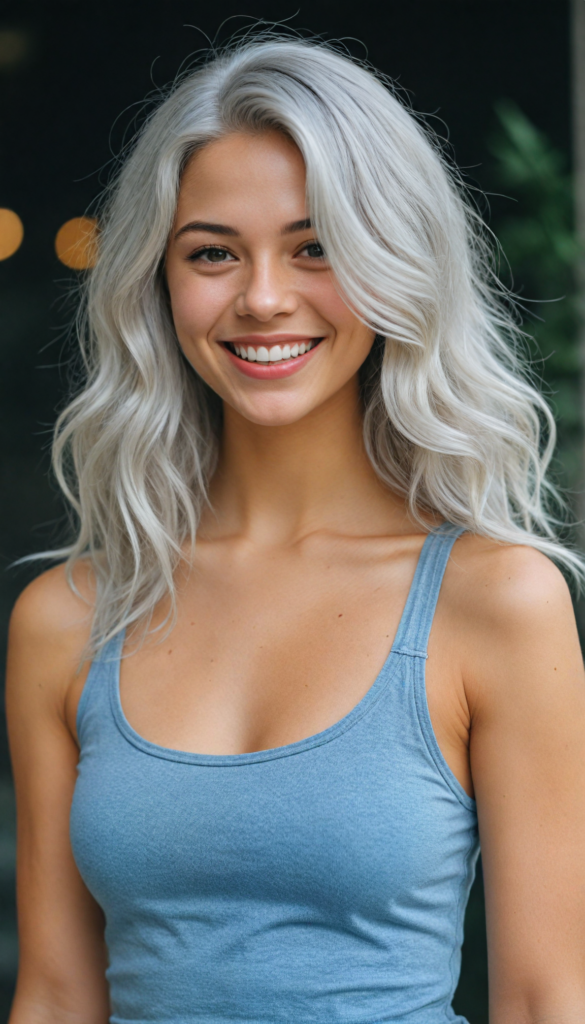 a (cute teen girl) with a gleeful and sunny smile, wearing a sleek and form-fitting short grey cropped tank top that accentuates her flawlessly proportionate figure, paired with jeans, captured in a (photo shoot) against a (softly cinematic backdrop), with long, shiny white hair flowing around her face under (dramatic lighting)