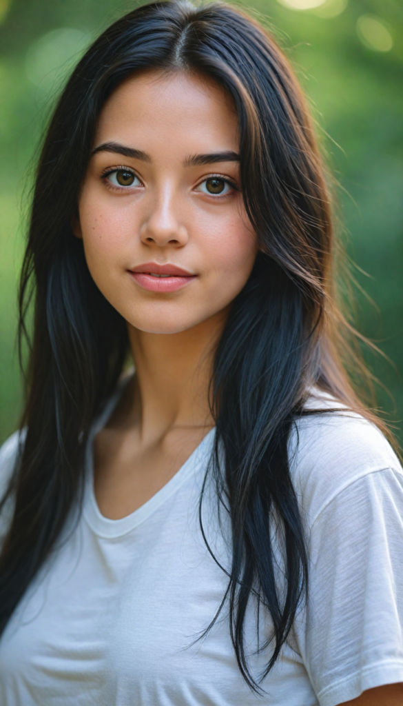 a stunning young girl with soft, long straight jet black hair, captured in a perfect portrait style. She has beautiful amber eyes, full lips and a round face. She wears a simple white t-shirt that contrasts beautifully with her radiant features. The background is a dreamy, blurred landscape bathed in soft pastel colors, reminiscent of an impressionist painting. The lighting is warm and ethereal, highlighting her expressive eyes and gentle smile, evoking a sense of serenity and grace.