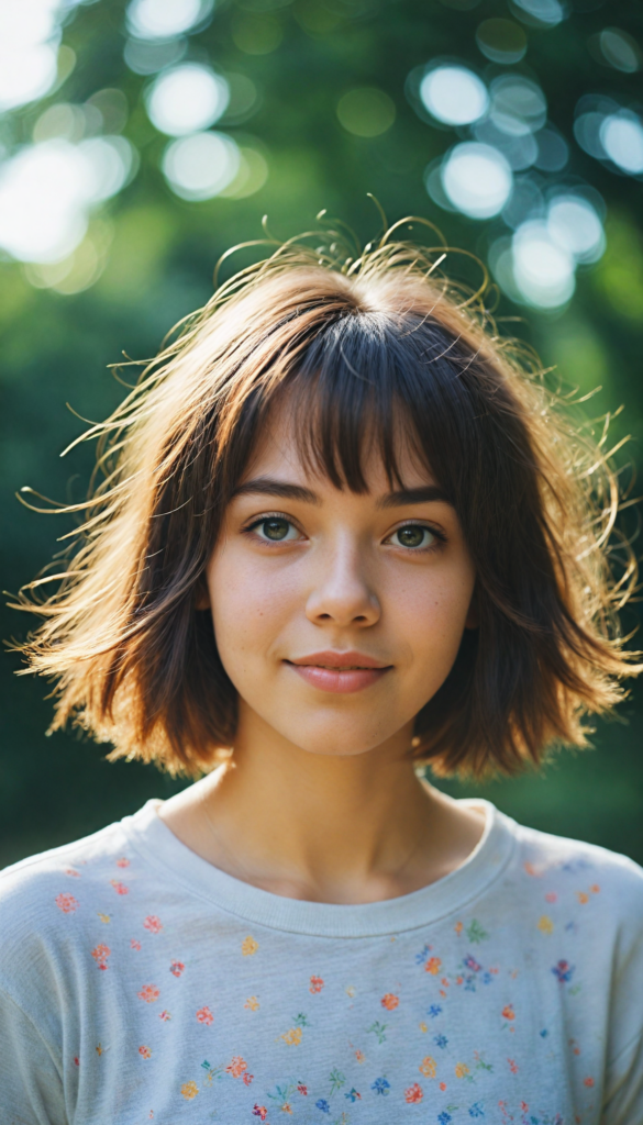 a whimsically illustrated adorable teenage girl with a playfully exaggeratedly curved silhouette, radiating youthful charm, sporting a stylish bob cut with playful tousled strands; her expressive eyes sparkle with mischief, captured in a dreamy, soft-focus style reminiscent of watercolor art, harmonizing with a magical, fairytale-like atmosphere.