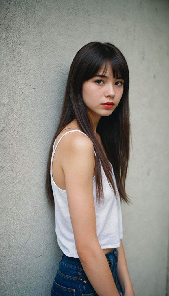 visualize a cute picture: a detailed teen girl, with soft straight very long jet brown hair, bangs cut frame her round face, exuding a sense of melancholy and loneliness, full red lips, (white cropped short tank top made of fine wool) which perfectly shaped her body), view from above (against a wall backdrop)