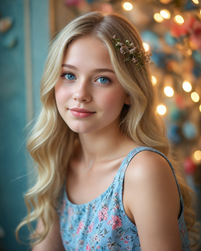 an enchanting portrait of a young girl with long, flowing, silken light blond hair that cascades gently over her shoulders, her round face illuminated by soft, ethereal lighting, sparkling light blue eyes gleaming with curiosity and warmth, full, rosy lips curved into a gentle smile as she gazes directly at the viewer. She wears a stylish, intricately patterned cropped tank top that adds a touch of bohemian flair to the composition, surrounded by a dreamy background of pastel florals and whimsical, twinkling fairy lights, evoking a sense of youthful wonder and serene beauty, captured in a hyper-realistic style reminiscent of classical portrait painting blended with modern digital artistry.