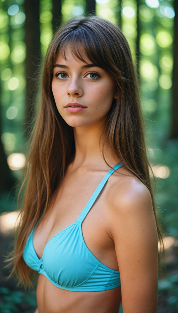 high detailed and realistic upper body portrait from a breathtakingly beautiful natural (18-year-old girl) with warm amber eyes and luxuriously thick (light brown detailed long smooth straight hair, bangs), full lips, (wears a light blue bikini that support her perfect body, stands in an autumnal forest)