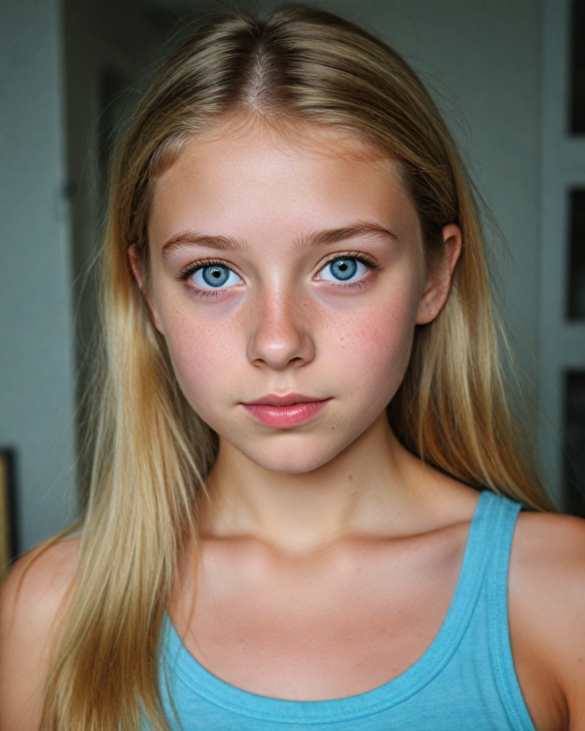 a detailed and realistic upper-body photo from a young girl, with long straight very soft light blond hair, round face, beautiful light blue eyes, full lips looks at the viewer, she wears a short cropped tank top