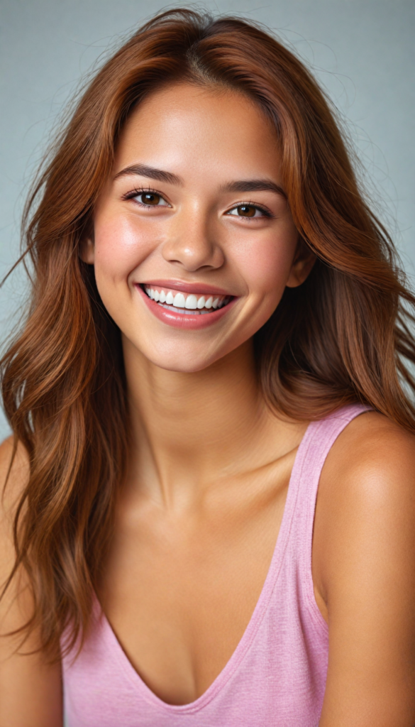 a (very beautiful teenage girl), with long, flowing, voluminous (detailed soft red amber hair), styled in a sleek, shiny, straight haircut with sharp, defined (full red lips), emitting an ethereal glow that complements her otherwise natural features, dressed in a (pink short thin plain and cropped tank top made of fine wool, deep v-neck), perfect curved fit body, she radiates pure joy, smile, perfect white teeth, round realistic face, round shiny amber eyes, full kissable lips, Philippines