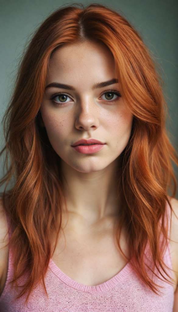 a (very beautiful teenage girl), with long, flowing, voluminous (detailed soft red amber hair), styled in a sleek, shiny, straight haircut with sharp, defined (full red lips), emitting an ethereal glow that complements her otherwise natural features, dressed in a (pink short thin plain and cropped tank top made of fine wool, deep v-neck), perfect curved fit body, round realistic face, round shiny amber eyes