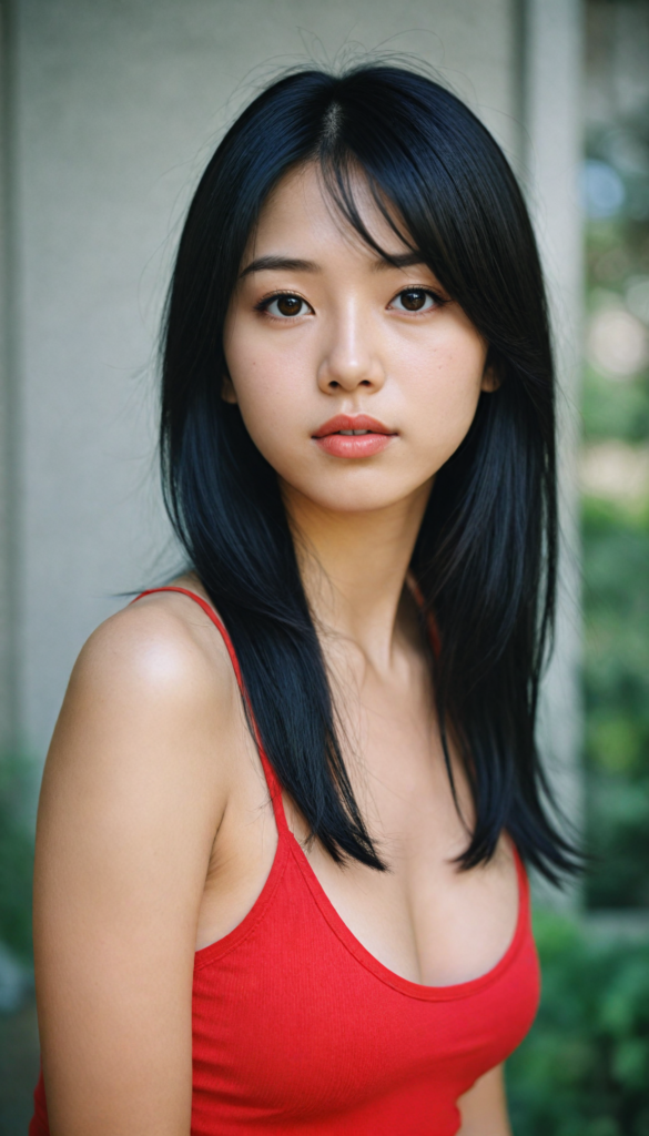 a (beautifully realistic cute Japanese teen girl, she looks seductive), with long, flowing, voluminous, obsidian black soft hair, flawless (porcelain skin), a small flawless nose, and rosy red lips, amber eyes, dressed in a (plain very short tight revealing translucent tank top), posing confidently, Korean