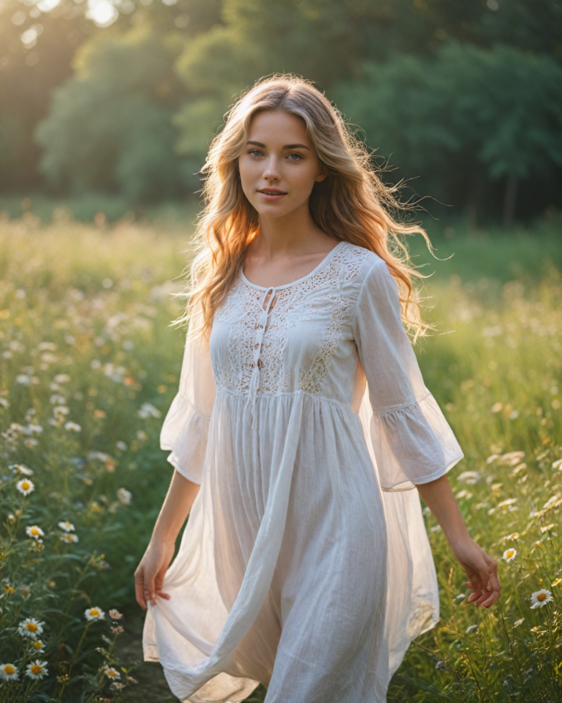 a whimsical scene showcasing an ethereal girl with flowing iridescent hair that seems to dance in the breeze, dressed in a billowing oversized white t-shirt adorned with delicate floral patterns. The setting features a vibrant sunlit meadow filled with wildflowers in various hues, and a backdrop of softly swaying trees. Her enchanting eyes sparkle with creativity and curiosity, while her detailed facial features radiate warmth and joy, all captured in a dreamy impressionist style reminiscent of Claude Monet's lush palettes and soft brushstrokes.