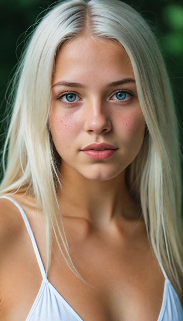 a upper-body portrait from a cute young girl with long, straight platinum hair, super detailed face, detailed eyes, full lips, white bikini