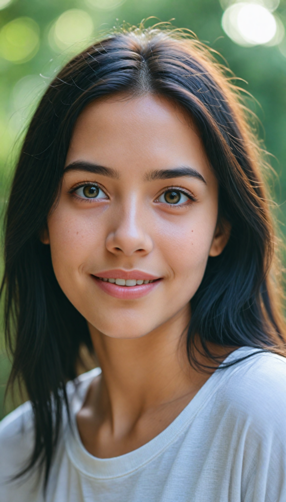 a stunning young girl with soft, long straight jet black hair, captured in a perfect portrait style. She has beautiful amber eyes, full lips and a round face. She wears a simple white t-shirt that contrasts beautifully with her radiant features. The background is a dreamy, blurred landscape bathed in soft pastel colors, reminiscent of an impressionist painting. The lighting is warm and ethereal, highlighting her expressive eyes and gentle smile, evoking a sense of serenity and grace.