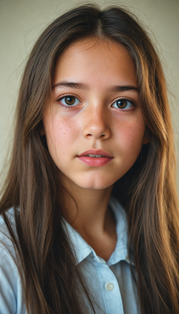 a stunning young girl, soft long brown hair, perfect portrait