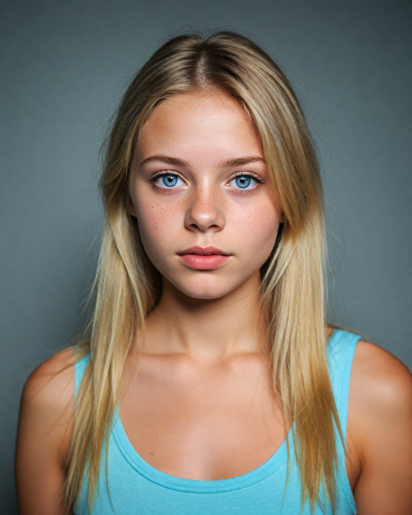 a detailed and realistic upper-body photo from a young girl, with long straight very soft light blond hair, round face, beautiful light blue eyes, full lips looks at the viewer, she wears a short cropped tank top