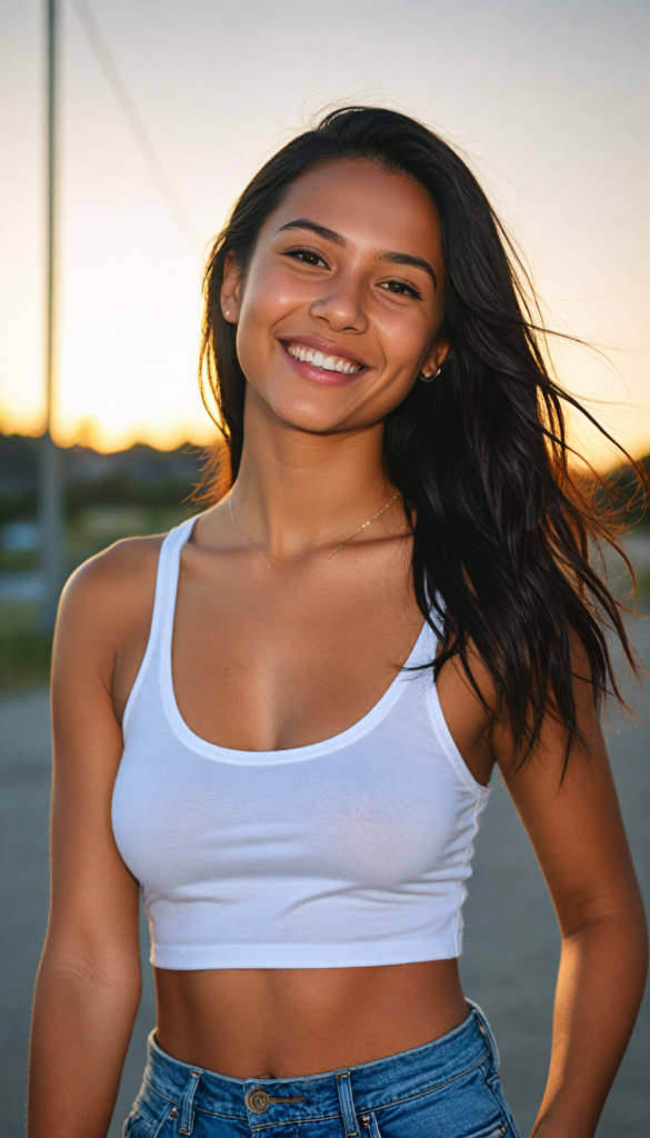 a (tanned young girl) with a joyful and sunny smile, wearing a sleek and fitted short crop white tank top that showcases her perfect curves, captured in a (flawless portrait), with black long straight smooth hair