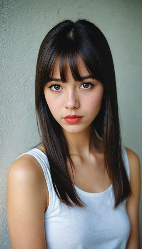 visualize a cute picture: a detailed teen girl, with soft straight very long jet brown hair, bangs cut frame her round face, exuding a sense of melancholy and loneliness, full red lips, (white cropped short tank top made of fine wool) which perfectly shaped her body), view from above (against a wall backdrop)