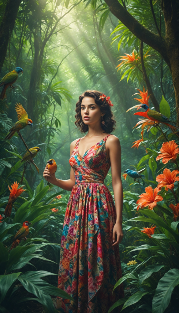 a breathtaking scene featuring a gorgeous and stunning girl with cascading hair, adorned in vibrant tropical flowers, standing amidst a lush jungle. Sunlight filters through dense green foliage, creating a magical dappled effect on her skin. She wears an elegant, flowing dress made of leaves and petals, blending seamlessly into the vibrant surroundings. The jungle teems with life; colorful birds flit through the air, and exotic plants frame the scene. The style combines elements of 21st-century fashion photography with the vivid colors and surreal details found in the works of artists like Henri Rousseau and Frida Kahlo.