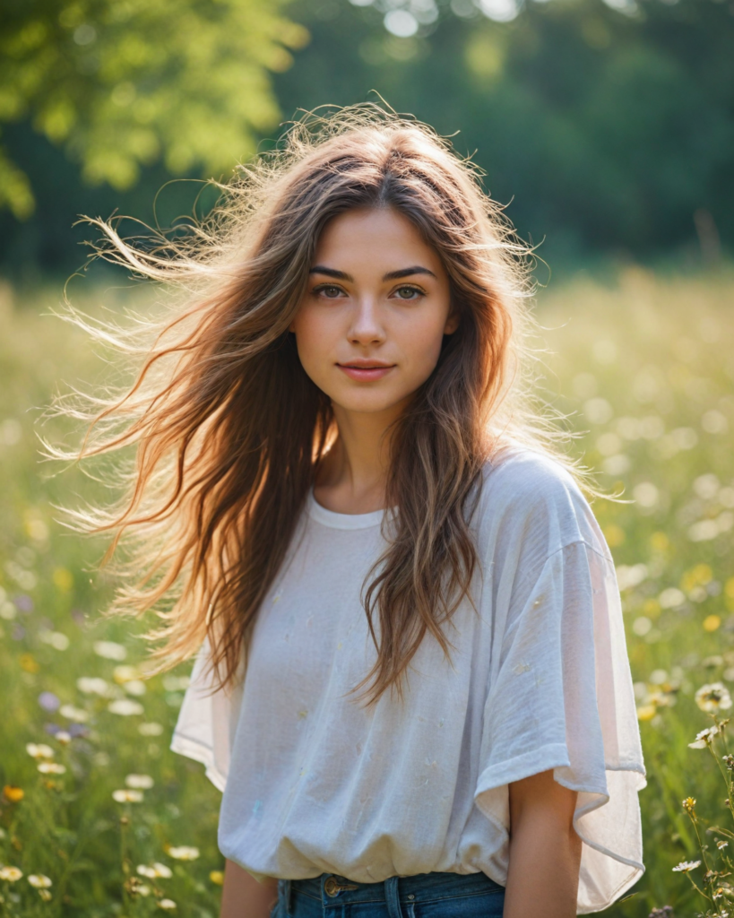 a whimsical scene showcasing an ethereal girl with flowing iridescent hair that seems to dance in the breeze, dressed in a billowing oversized white t-shirt adorned with delicate floral patterns. The setting features a vibrant sunlit meadow filled with wildflowers in various hues, and a backdrop of softly swaying trees. Her enchanting eyes sparkle with creativity and curiosity, while her detailed facial features radiate warmth and joy, all captured in a dreamy impressionist style reminiscent of Claude Monet's lush palettes and soft brushstrokes.