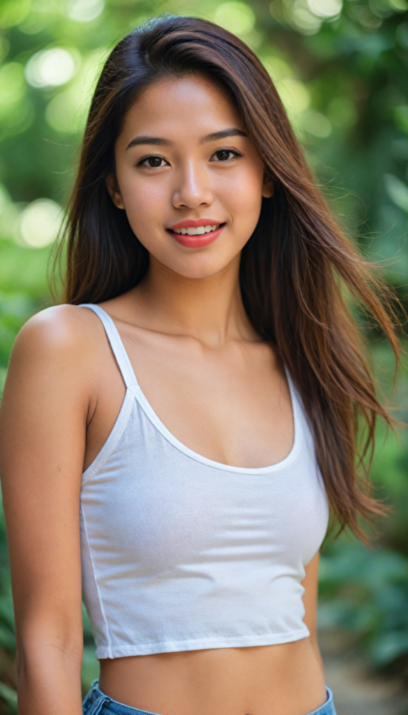 a (beautifully realistic cute Exotic Asian teen girl), with long, flowing, voluminous, light brown soft hair, flawless (porcelain skin), a small flawless nose, and rosy red lips, dressed in a (plain very short tight revealing translucent tank top), posing confidently, Philippines