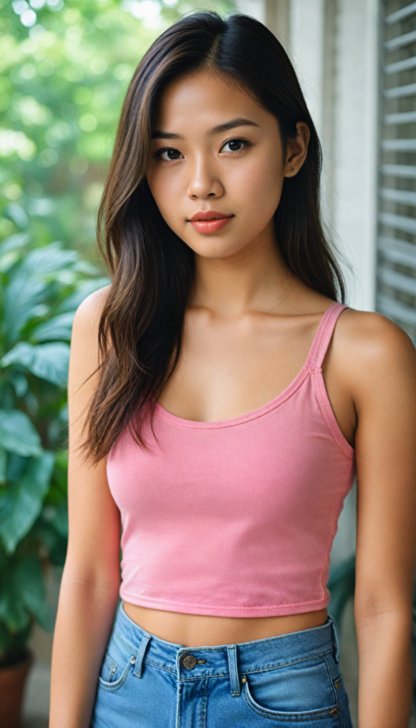 a (beautifully realistic cute Exotic Asian teen girl), with long, flowing, voluminous, light brown soft hair, flawless (porcelain skin), a small flawless nose, and rosy red lips, dressed in a (plain very short tight revealing translucent tank top), posing confidently, Philippines