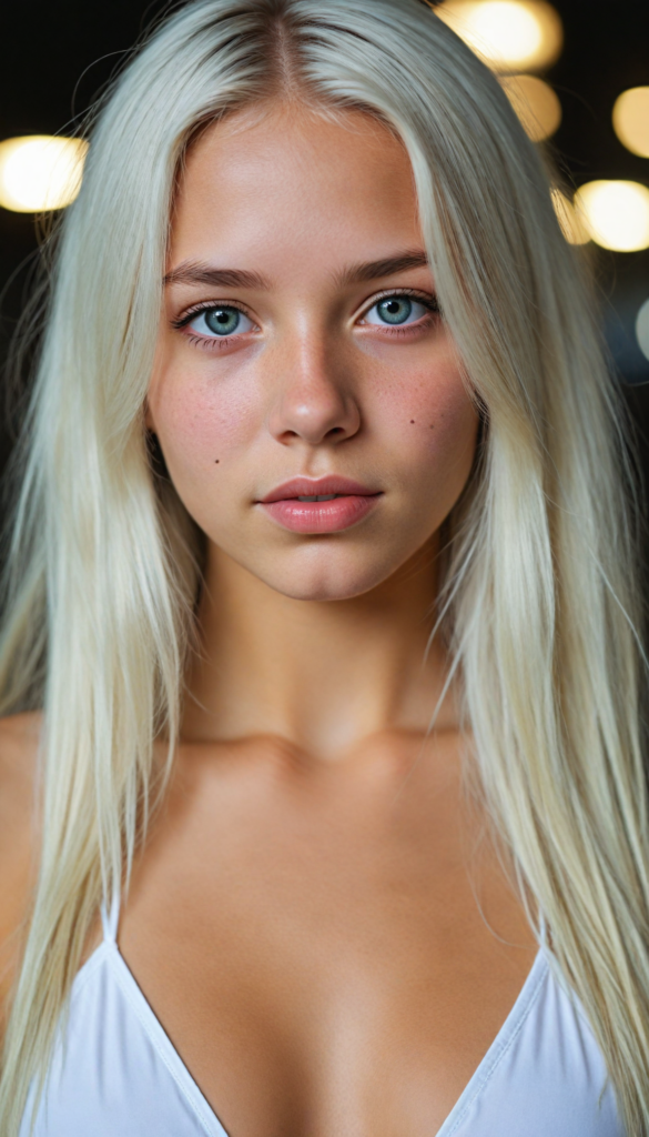 a upper-body portrait from a cute young girl with long, straight platinum hair, super detailed face, detailed eyes, full lips, white bikini