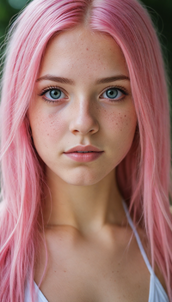 a upper-body portrait from a cute young girl with long, straight pink hair, super detailed face, detailed eyes, full lips, white bikini