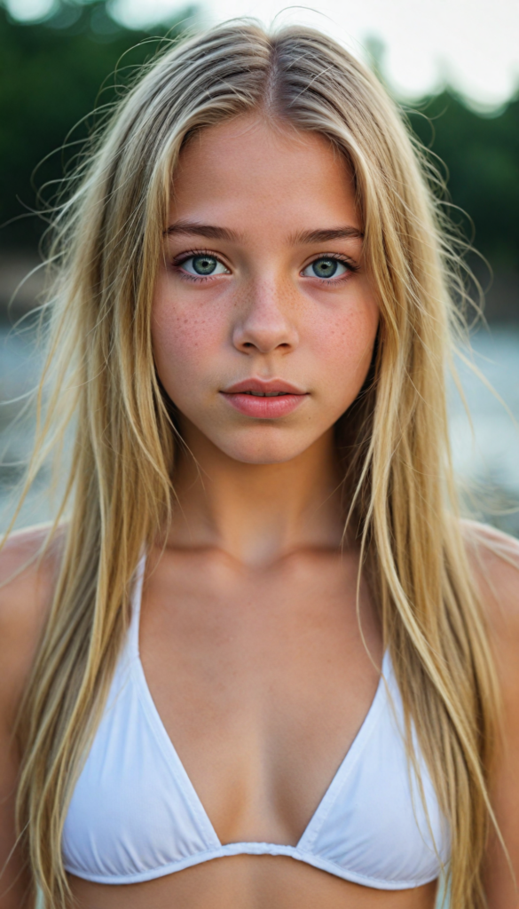 a upper-body portrait from a cute young girl with long, straight gold hair, super detailed face, detailed eyes, full lips, white bikini