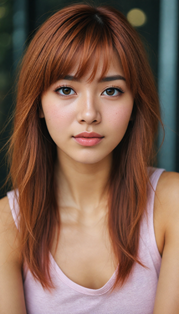 a (very beautiful Asian teenage girl), with long, flowing, voluminous (detailed soft red amber hair), styled in a sleek, shiny, straight bangs haircut with sharp, defined (full red lips), emitting an ethereal glow that complements her otherwise natural features, dressed in a (pink short thin plain and cropped tank top made of fine wool, deep v-neck), perfect curved fit body, round realistic face, round shiny amber eyes