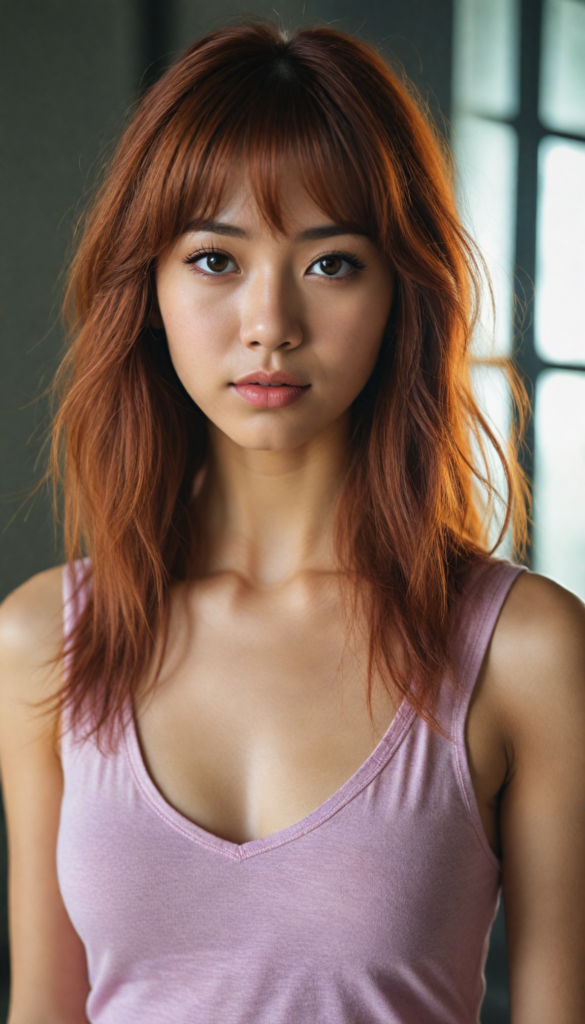 a (very beautiful Asian teenage girl), with long, flowing, voluminous (detailed soft red amber hair), styled in a sleek, shiny, straight bangs haircut with sharp, defined (full red lips), emitting an ethereal glow that complements her otherwise natural features, dressed in a (pink short thin plain and cropped tank top made of fine wool, deep v-neck), perfect curved fit body, round realistic face, round shiny amber eyes